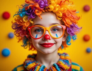 Obraz premium playful 7-year-old child as a colorful clown perfect for birthday invitations, april fool's day, festive event designs 