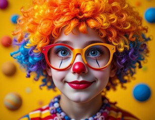 Fototapeta premium playful 7-year-old child as a colorful clown perfect for birthday invitations, april fool's day, festive event designs 