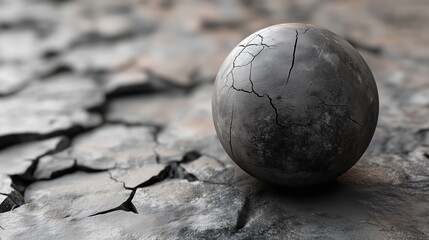 A perfectly smooth sphere resting on a rough, cracked surface, creating an interesting contrast