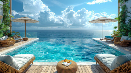 Swimming pool with clear water, sun loungers against blue sea on sunny day. Luxury mini hotel on seashore or cruise ship, yacht. Tropical Beach Resort. Copy space for text.