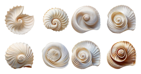 Exquisite Decorative Shells in Various Natural Swirl Patterns, PNG bundle collection, Isolated on Transparent Background