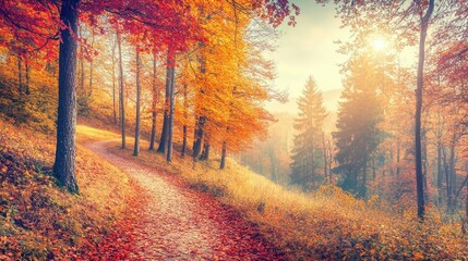 Obraz premium Serene Autumn Landscape with Vibrant Foliage and Sunlight