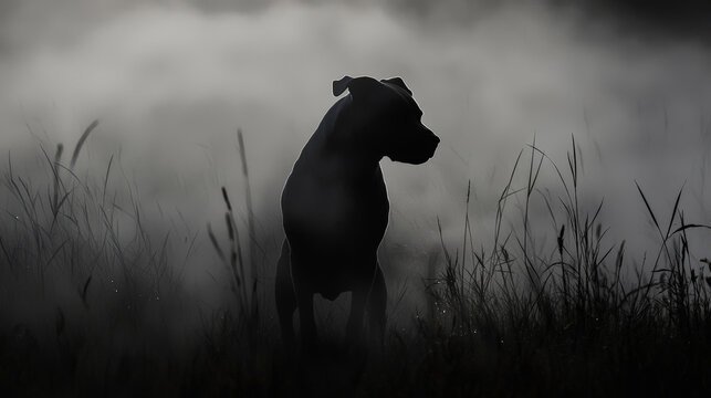 A haunting yet elegant silhouette of a Staffordshire Bull Terrier emerges in a ghostly form, blending shadows and light to create an ethereal presence. Generative AI