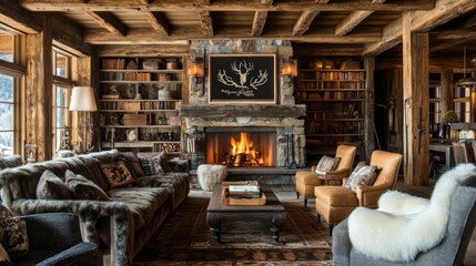 Rustic Mountain Cabin Living Room with Cozy Fireplace