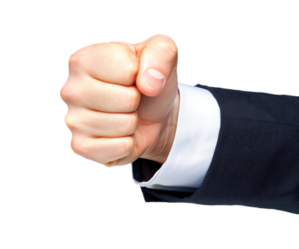 Power and Determination: A close-up shot of a clenched fist in a suit sleeve, conveying strength, determination, and resolve.