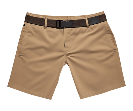 Stylish Shorts: A close-up, high-angle studio shot presents a pair of impeccably tailored shorts. The piece is crafted from a sturdy fabric, and adorned with a sleek belt.