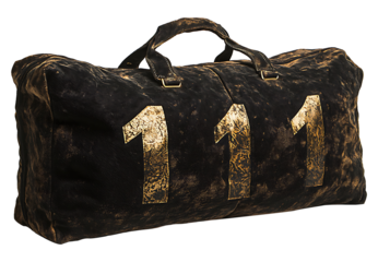 The Mystical Travel Bag with "111": A weathered travel bag, bearing the enigmatic number "111", hints at journeys and hidden stories, its aged texture telling of countless adventures.