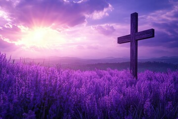 Serene Purple Landscape with Wooden Cross Symbolizing Lent Season and Spiritual Reflection