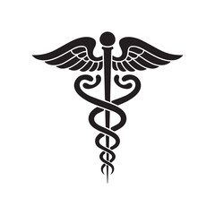 A black caduceus symbol featuring a vertical staff with two serpents coiled around it symmetrically