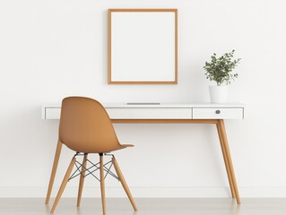 Modern minimalist workspace featuring a wooden desk, chair, and plant against a white wall