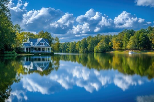 Serene Landscape of Lake Norman: A Beautiful House Surrounded by Colourful Forest and Blue Skies in Cornelius, North Carolina