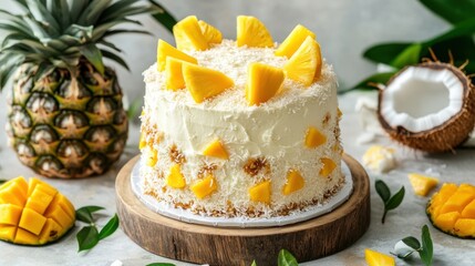 Tropical Cake with Pineapple and Coconut Decorated with Fresh Fruit