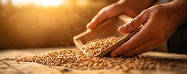 Obraz premium Farmer pouring wheat grains onto wooden table