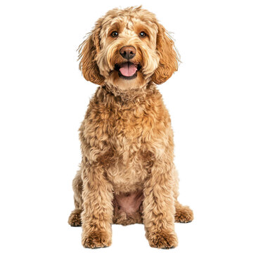 A fluffy, golden doodle dog with a joyful expression, isolated on a white background.