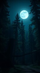 A Photorealistic Digital Rendering Of A Dark, Moody Forest At Night, Illuminated By Moonlight Creating Long Shadows On The Trees, Deep Greens And Blues Contrasted With The Bright Moo.