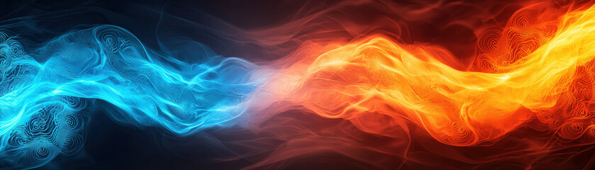 Obraz premium Universal energy, Inner energy connection. Vibrant waves of blue and orange light intertwine against a dark background.