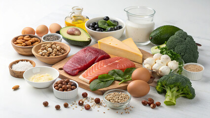 Atkins Diet: Meat, fish, eggs, cheese, butter, olive oil, avocado, nuts, seeds, herbs, spinach, broccoli, cauliflower, courgettes, mushrooms, coconut oil, double cream, sugar-free yoghurt, berries, fl
