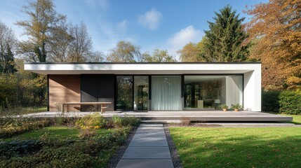Modern single-story house with large windows, wooden deck, and landscaped garden.