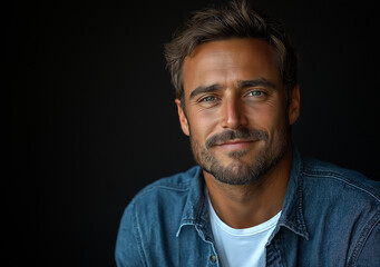 Obraz premium Smiling Man in Denim Shirt – Cinematic-Style Portrait Photography with Black Background, High-Quality Studio Shot, Professional Lighting, Perfect for Branding and Marketing Use