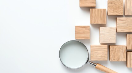 Magnifying glass beside wooden blocks on white surface, symbolizing analysis and discovery in business research.