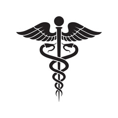 A black caduceus symbol featuring a vertical staff with two serpents coiled around it symmetrically
