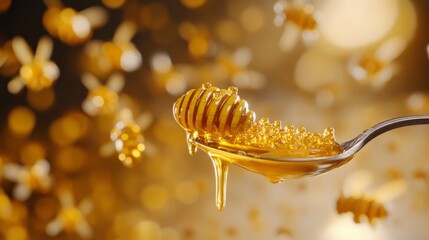 Naklejka premium A drip of honey falling from a spoon, with a blurred background of bee decorations 