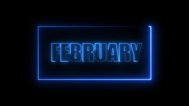 Glowing neon thin color rectangle animation on black background with february text animation inside it.