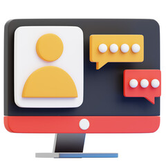 Online Dialogue: A 3D computer screen illustrating virtual communication with a profile icon and speech bubbles. The image captures the essence of digital interaction, online chat.