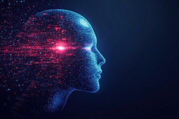 Digital Representation of Artificial Intelligence with Glowing Eyes and Data Flow