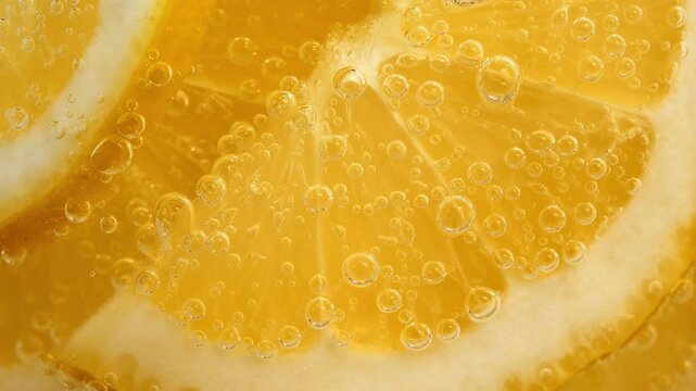 Close up of carbonated drink with fresh lemon slices and ice. Macro bubbles in glass with soda water. Mineral water lemonade