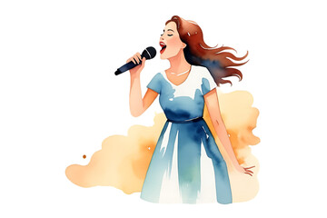 Woman Singing into Microphone Artistic Illustration Against Black Background for Music Concept