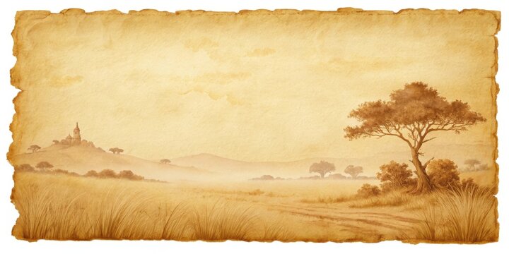 an antique parchment landscape with a scenic view. Featuring a tree in the middle, mountain in the background. 