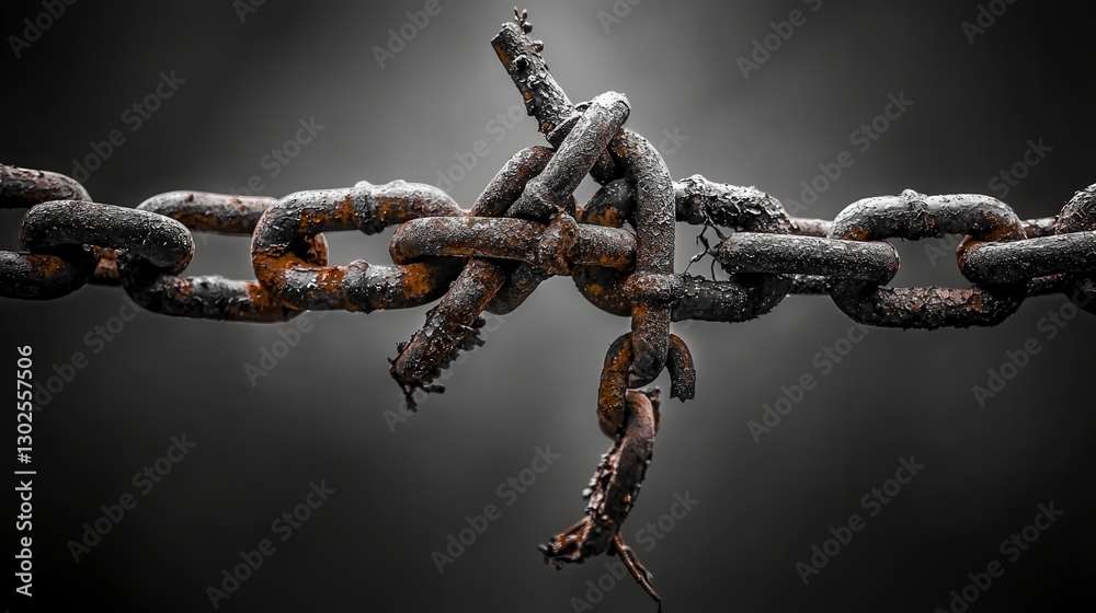 Poster artistic study of rusted chain links in black and white textural exploration in an industrial settin