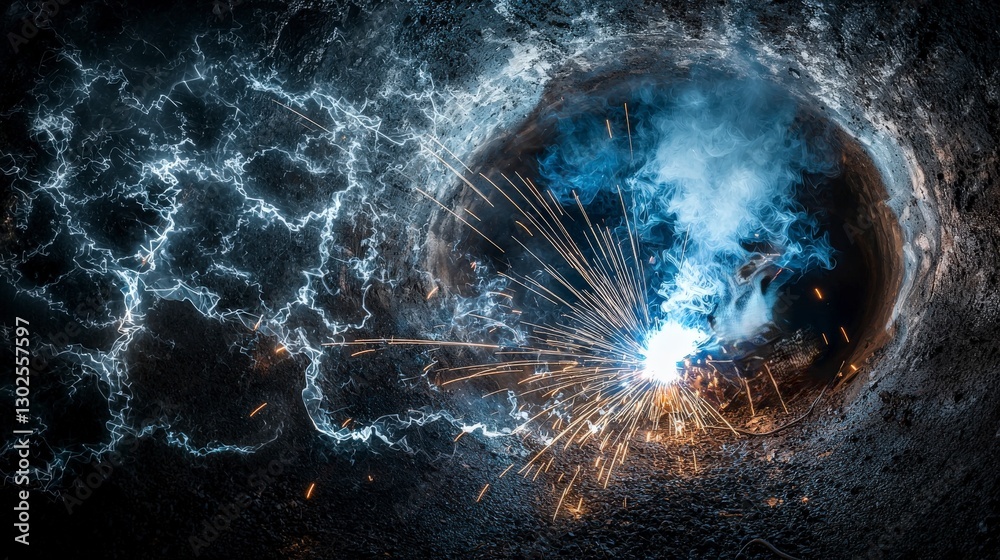 Poster Tig welder at work creating sparks industrial workshop action shot close-up view capturing intensity