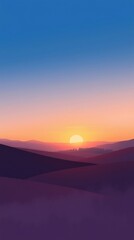 Obraz premium A Serene Landscape Background Featuring Rolling Hills, A Vast Blue Sky, And A Distant Line Of Trees Silhouetted Against The Sunset, In A Soft Impressionistic Style, Utilizing Warm, M.