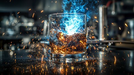 Dynamic explosion of whiskey in glass dramatic setting drink photography artistic environment close-up perspective