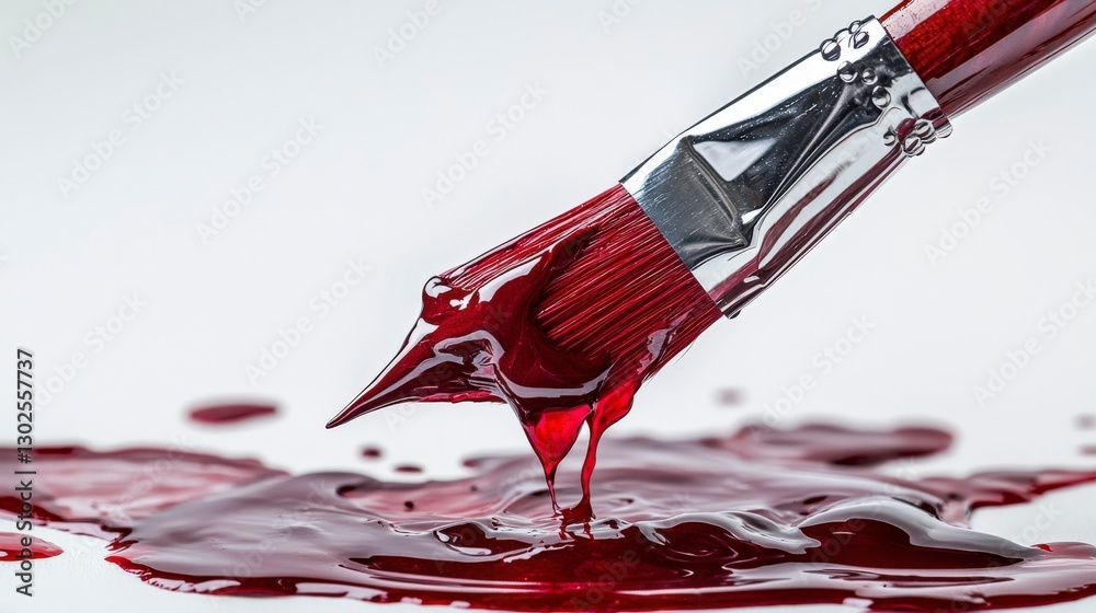 Poster Dynamic capture of sable brush dipped in vivid red paint art studio photography close-up creative process