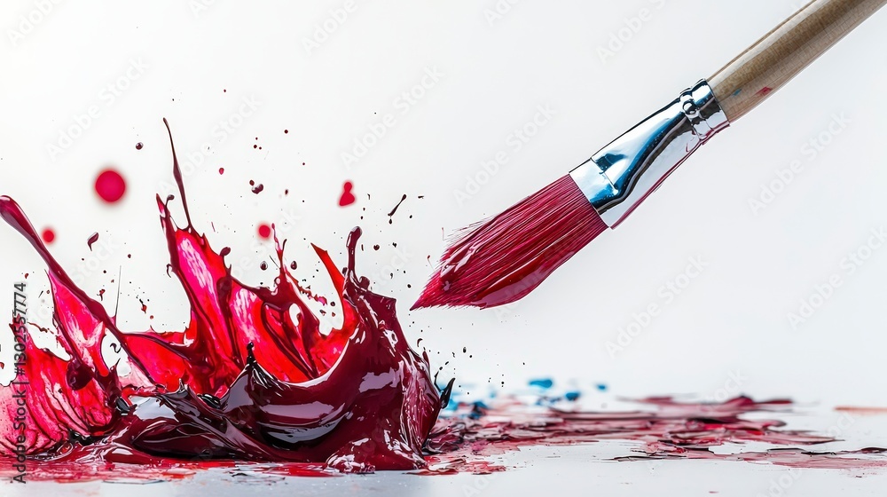 Poster dynamic dip of sable brush in vibrant red paint creative studio action shot artistic environment clo