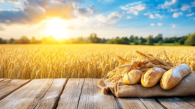 Freshly baked bread on a rustic wooden table with a golden wheat field and sunset