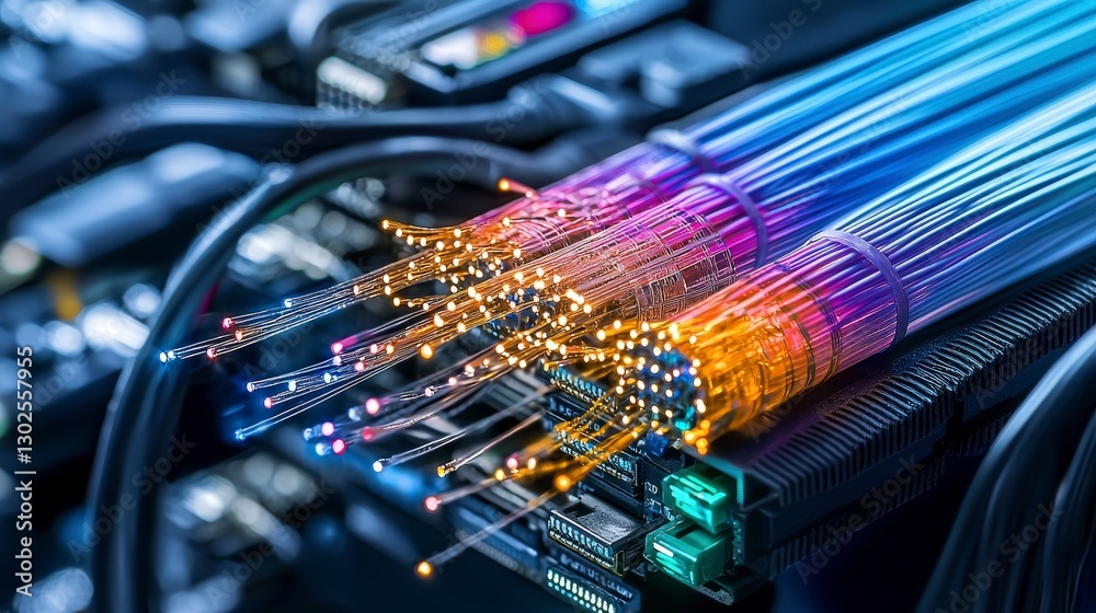 Poster illuminated fiber optic strand display technology lab photography high-tech environment close-up vie
