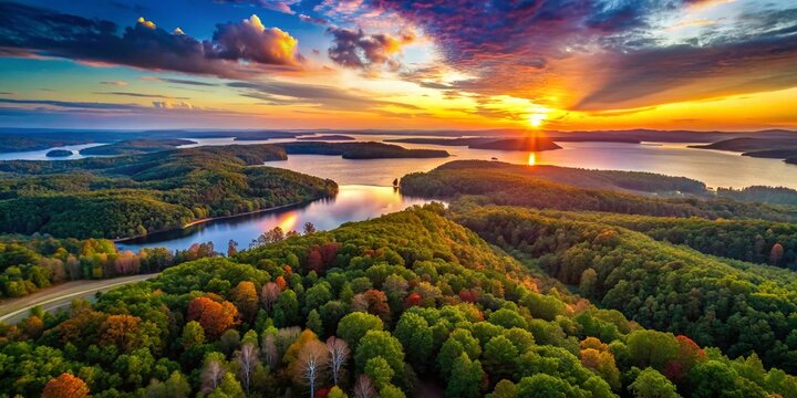 Dramatic Sunset over Percy Priest Lake & Long Hunter State Park, Tennessee - Aerial View