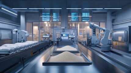 Fototapeta premium Automated rice processing factory with robotic arms and conveyor belts.