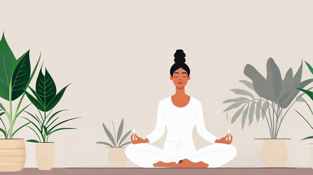 Illustration of a woman sitting in the lotus position and doing yoga on a light empty background. Concept of taking care of the body, sports, mental health, spiritual development and meditation
