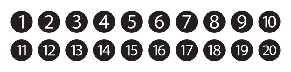 Bullet Points icon set in line style, Simple round numbers in flat style, Set of 1-20 numbers simple black symbol sign for apps, UI, and website, vector.