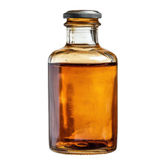 A vintage glass medical bottle filled with liquid, its amber glow capturing the essence of health, isolated on a white background.