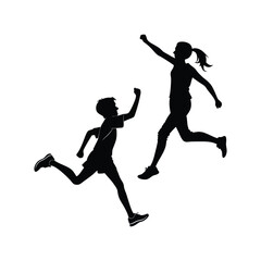 Monochrome silhouettes of young men and women running