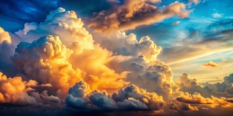Dramatic Vintage Sky: Fluffy Cumulus Clouds at Sunset, Beautiful Summer Weather Background