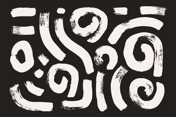 Brush stroke squiggle and circles chalk lines. Vector hand drawn wave round white paint shapes bg. Abstract curve spirals graphic. Folk geometric scribble paintbrush wobbly wavy grunge illustration.