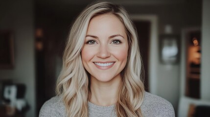 Cheerful Young Woman with Long Hair Smiling in Indoor Setting