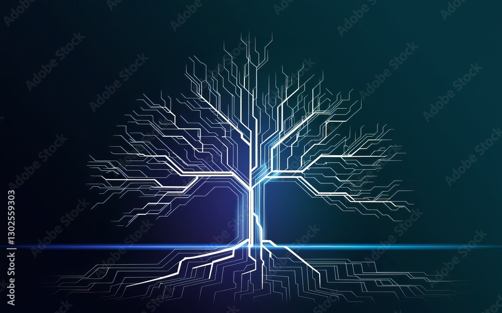 Poster digital tree: an abstract representation of a tree, crafted from glowing digital circuits and lines,